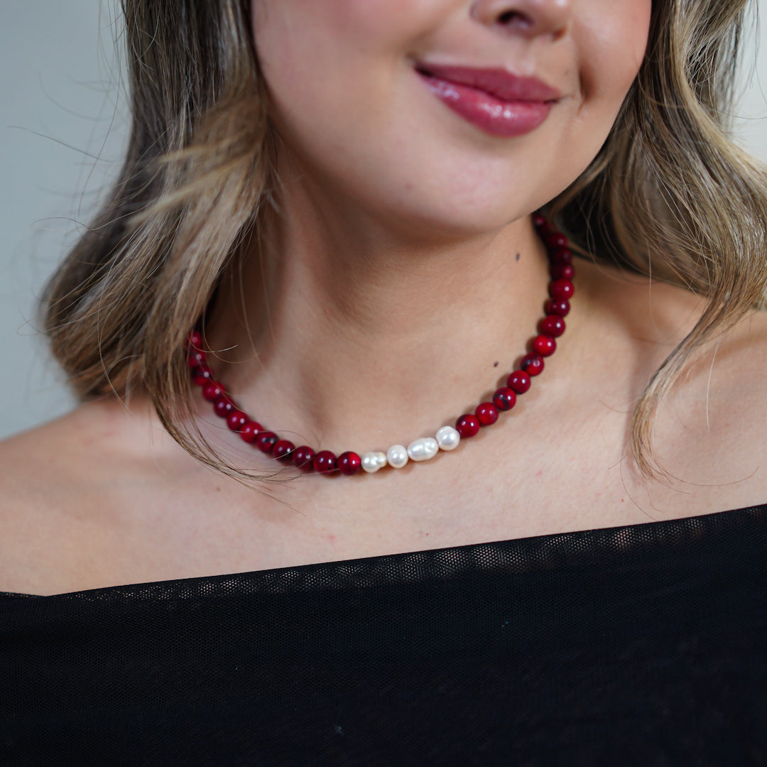 Collar de coral natural y perlas de río tamaño mediano #8 ♥Longitud: 42cm 