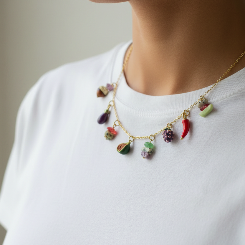Collar Mercado Multicharm en acero inoxidable con dijes esmaltados de frutas y piedras naturales de Polen wear