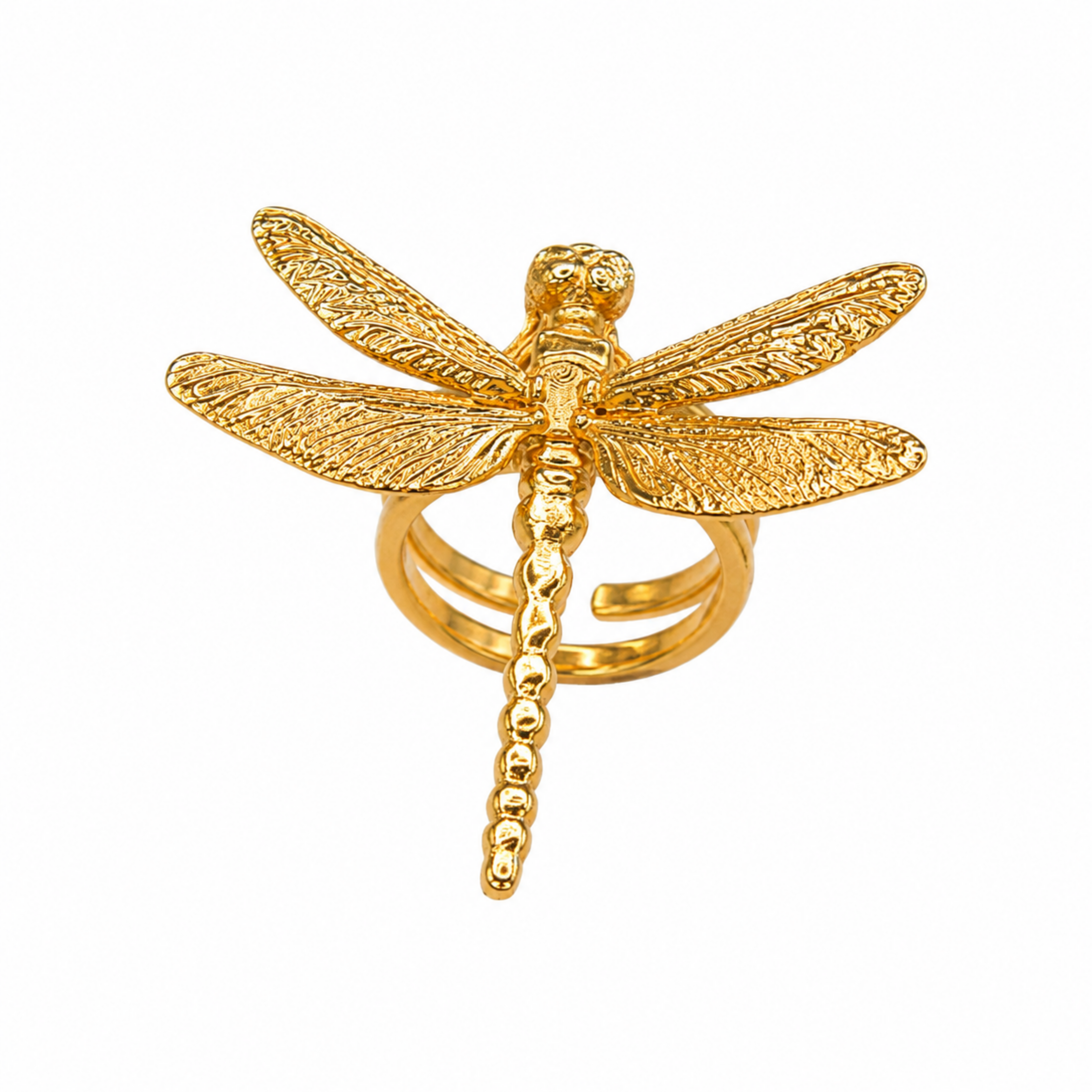 Anillo de gran formato con silueta de libélula grande en bronce con baño de oro de 24K de Polen wear