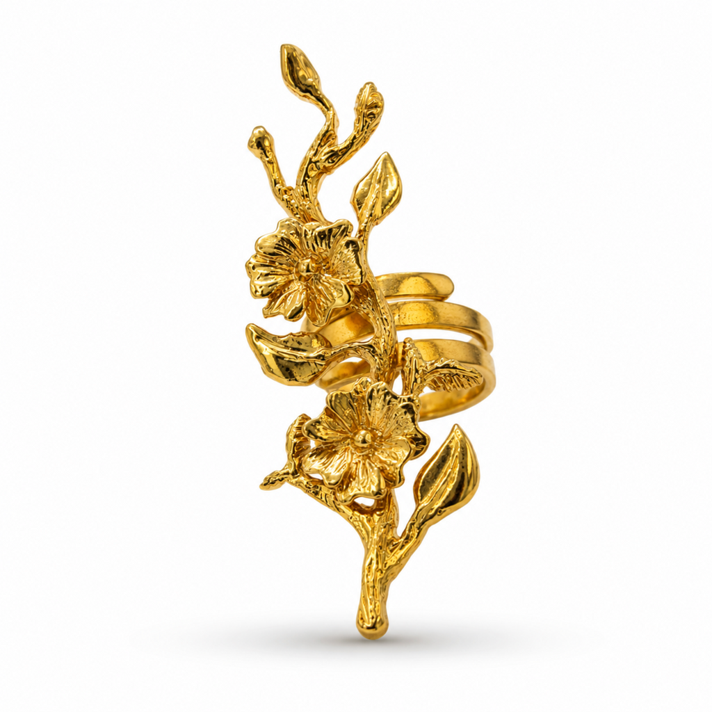 Anillo maximalista de flor en rama con diseño orgánico en bronce con baño de oro de 24K de Polen wear 925.