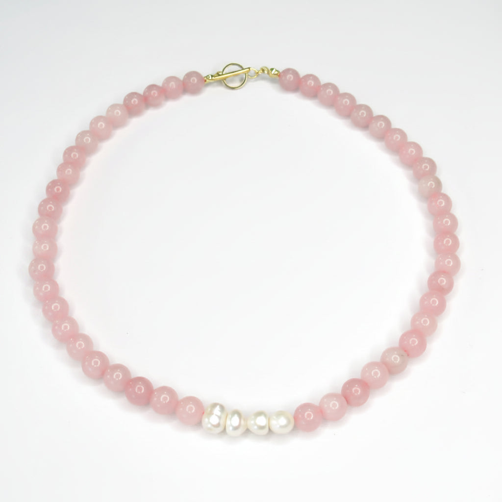 Collar de cuarzo rosa natural y perlas de río tamaño mediano #8 