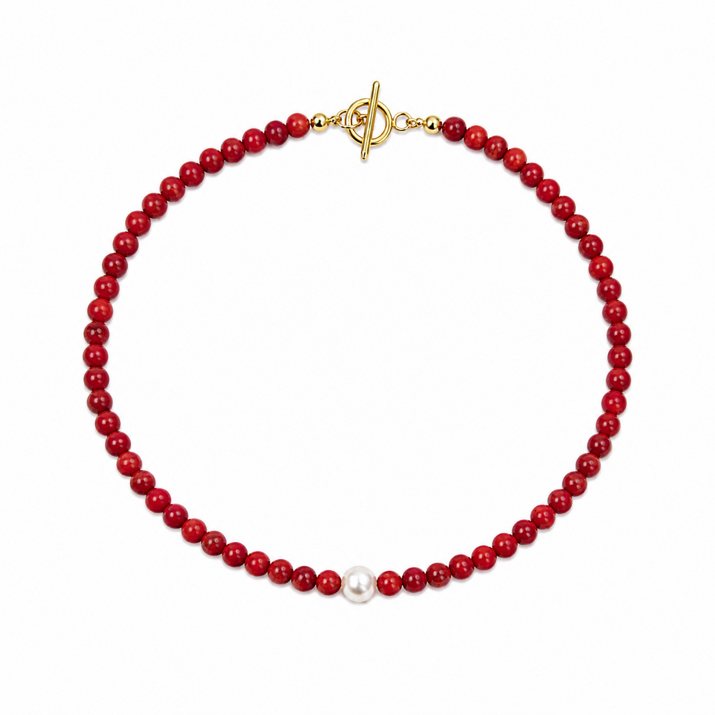 Collar de coral natural y perlas de río #4.