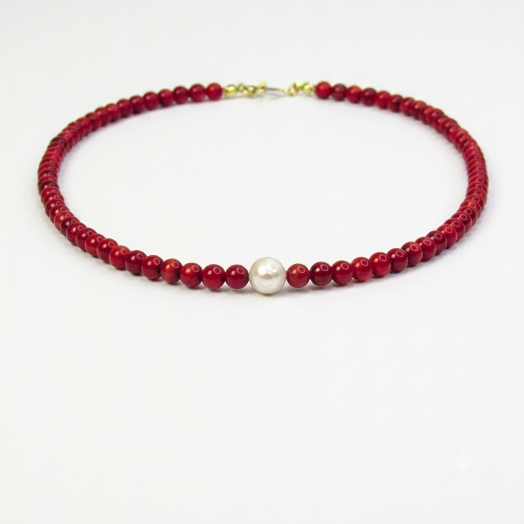 Collar de coral natural y perlas de río tamaño mini #4♥ Longitud: 44cm