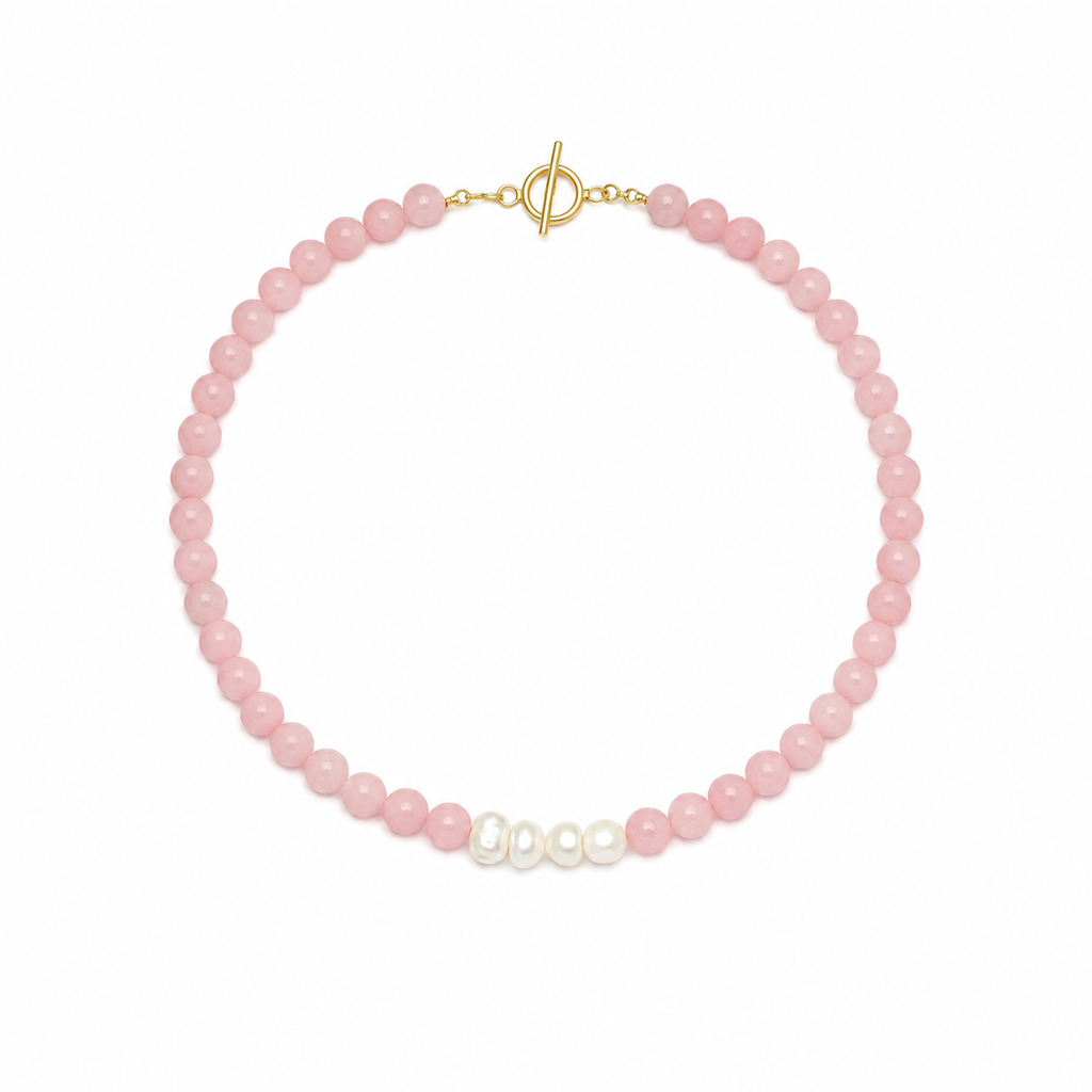 COLLAR CUARZO ROSA CON PERLAS DE RÍO