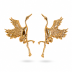 Aretes tipo topo grandes en forma de ave grulla en bronce con baño de oro de 24K de Polen wear