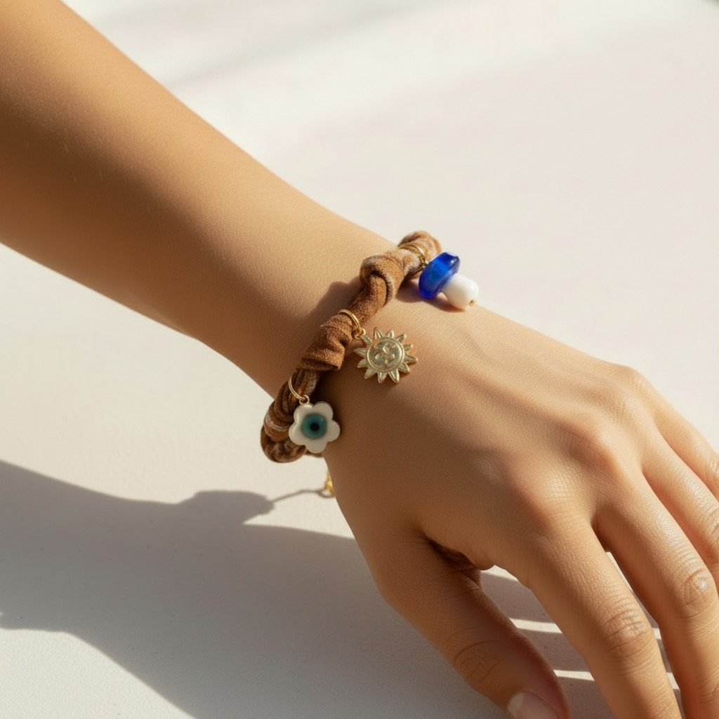 Pulsera Boho Textil Multicharm tejida a mano con dijes místicos.