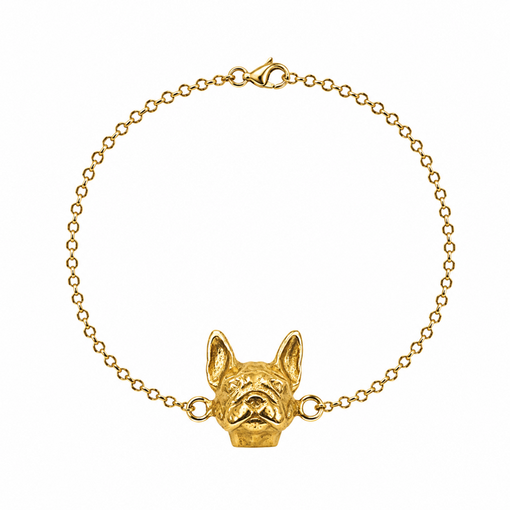 Pulsera con dije de perro Bulldog Francés en baño de oro de 24K de Polen wear.