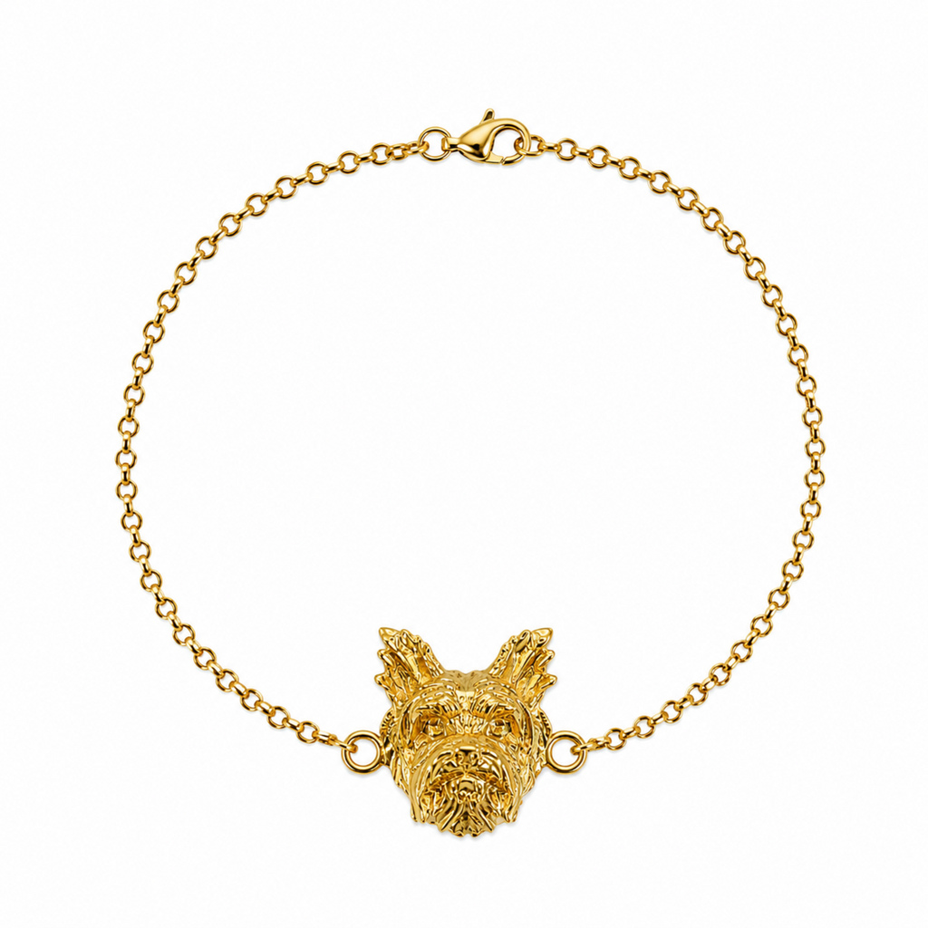 Pulsera con dije de perro yorkie en baño de oro de 24K de Polen wear.