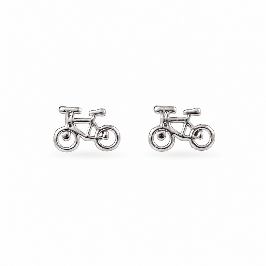 Aretes mini tipo topo en forma de bicicleta con acabado plateado brillante de Polen wear